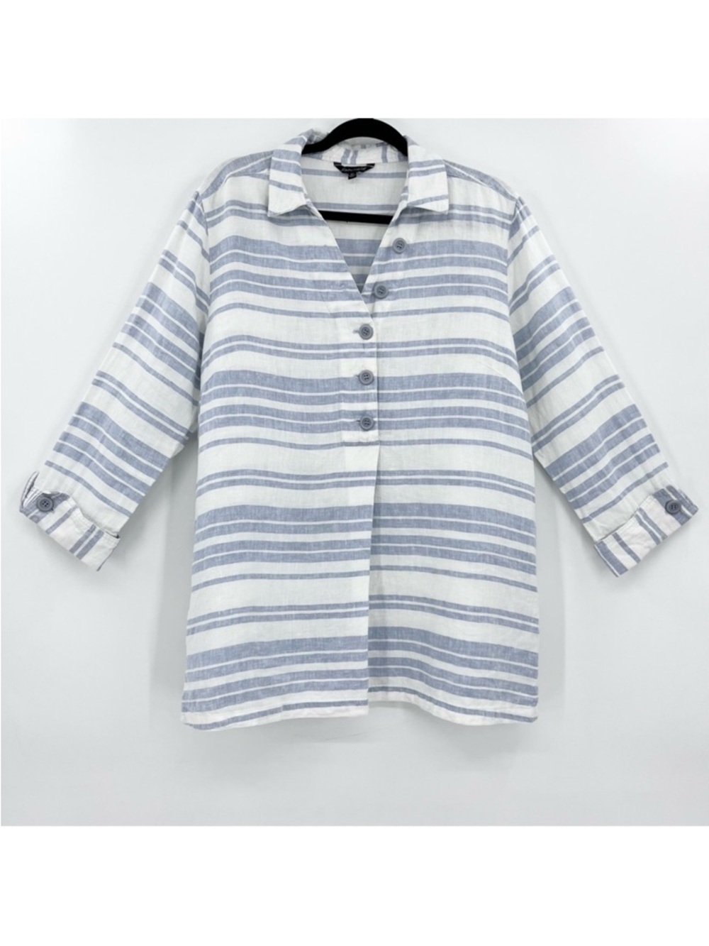 John Mark 100% Linen Blue/White Striped Beachy Coastal Popover Tunic Top Size XL